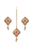 Peach Stone Studded Drop Earrings With Maangtika