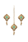 Emerald Green Stone Studded Drop Earrings With Maangtika