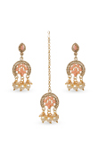 Salmon Peach Stone Studded Drop Earrings With Maangtika