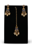 Royal Blue Stone Studded Drop Earrings With Maangtika