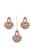 Red Stone Maang Tikka & Earrings with Golden Filigree