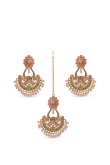 Chandbali Earring Set with Coral Pink Stones & Maangtika