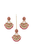 Gold Plated Red Beaded Tikka and Earrings Set