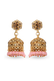 Stone Studded Jhumka Earrings With Baby Pink Beads