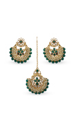 Green Beaded Pearl Tikka and Gold Plated Earrings Set