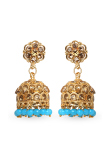 Stone Studded Jhumka Earrings With Sky Blue Beads