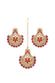 Magenta Beaded Pearl Tikka and Gold Plated Earrings Set