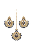 Dark Blue Beaded Pearl Tikka and Gold Plated Earrings