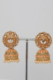 Peach Stone Studded Jhumka Earrings With Cream Beads