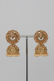 Light Pink Stone Studded Jhumka Earrings With Cream Beads