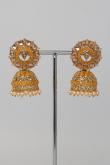 Golden Stone Studded Jhumka Earrings With Cream Beads