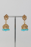 Stone Studded Jhumka Earrings With Sky Blue Pearls