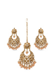 Peach Beaded Gold Plated Kundan Earrings with Maang Tikka Set