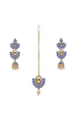 Royal Blue Stone Studded Pearl Jhumkas With Maangtika