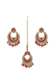 Red Stone & Kundan Pearl Earrings Gold Plated with Maang Tikka