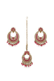 Magenta Stone & Kundan Pearl Gold Plated Earrings with Mang Tikka