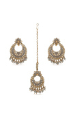 Grey Stone & Kundan Pearl Gold Plated Earrings with Maang Tikka