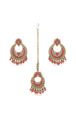 Pink Stone Studded Chandbali Earrings and Maangtika with Cream Beads