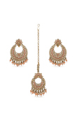 Peach Color Stone & Kundan Pearl Gold Plated Earrings Mang Tika Set