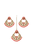 Tomato Red Stone & Kundan Gold Plated Earrings with Maang Tikka