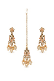 Peach Stone & Pearl Gold-Plated Chandelier Earrings with Mang Tikka