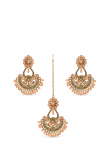 Peach Stone & Pearl Gold Plated Chandbali Earrings with Mang Tika