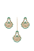 Peacock Green and Gold Color Stone Studded Earrings and Tikka Set
