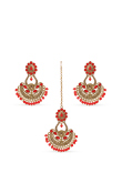 Red Stone & Pearl Gold Plated Chandbali Earrings with Maang Tikka