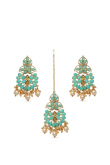 Seafoam Green & Golden Stone Studded Earrings with Maangtika