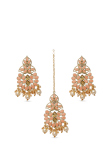 Peach and Gold Color Stone Studded Earrings and Tikka with Cream Pearls