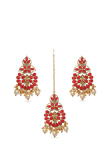Tomato Red and Gold Color Stone Studded Earrings with Maangtika