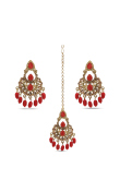 Red Drop Beads Gold Plated Chandbali Earrings with Tikka