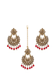 Stone Studded Red Pearls Chandbali Earrings With Maangtika