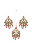 Elegant Chandbali Earring Set with Salmon Stones, Pearls & Maangtika