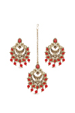 Red Stone Pearl Chandbali Earrings with Maang Tikka Set