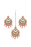 Salmon Pink Stone Pearl Chandbali Earrings with Maang Tikka Set