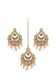 Peach Color Stone Pearl Chandbali Earrings with Maang Tikka Set