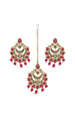 Ruby Pink Stone Pearl Chandbali Earrings with Maang Tikka Set