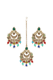 Multicolor Stone Pearl Chandbali Earrings with Maang Tikka Set