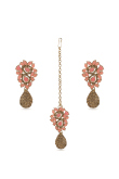  Stone Studded Golden and Salmon Pink Earrings with Maangtika