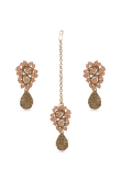  Peach and Gold Color Stone Studded Earrings with Maangtika
