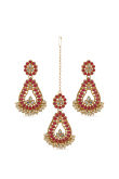 Dark Pink Stone Studded Cream Beads Earrings With Maangtika