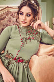 Elegant Light Olive Green Georgette Anarkali Gown with Resham Work