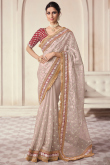 Kora Silk Creamy Pink Embroidered Shimmer Saree