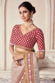 Kora Silk Creamy Pink Embroidered Shimmer Saree