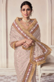 Kora Silk Creamy Pink Embroidered Shimmer Saree
