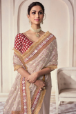 Kora Silk Creamy Pink Embroidered Shimmer Saree