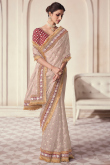 Kora Silk Creamy Pink Embroidered Shimmer Saree