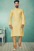 Lace Cotton Light Yellow Men Kurta Pajama