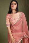 Lace Embroidered Coral Pink Sangeet Net Saree